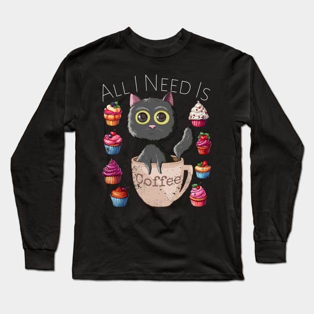 All I Need Is Coffee Funny Retro Black Cat & Cupcakes Lovers Long Sleeve T-Shirt by Ai Wanderer